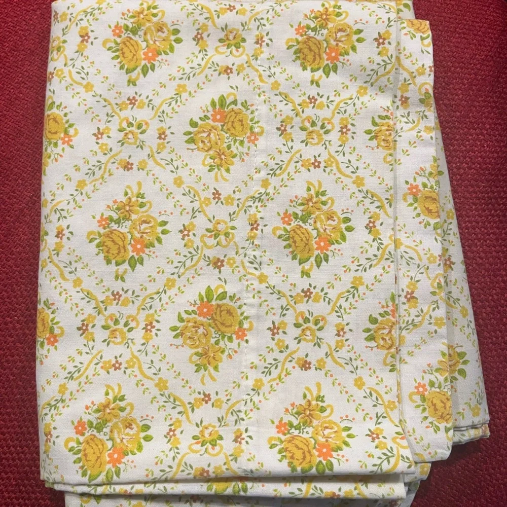 Sears Floral Pillowcase Pr Yellow Green Orange Cotton Poly Standard Vintage 70s